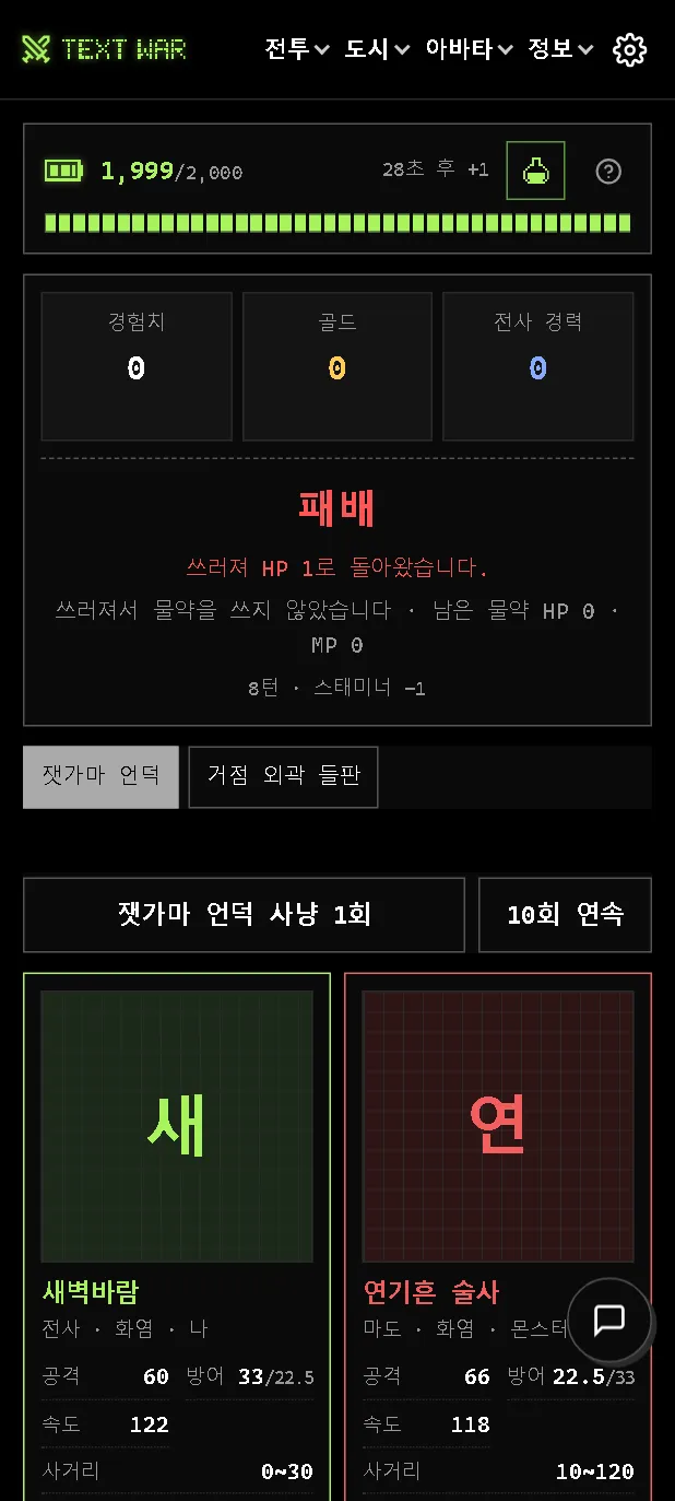 첫 사냥. 8턴 만에 쓰러졌다. 그림이 아직 없어서 얼굴 자리에 이름 첫 글자가 들어가 있다.