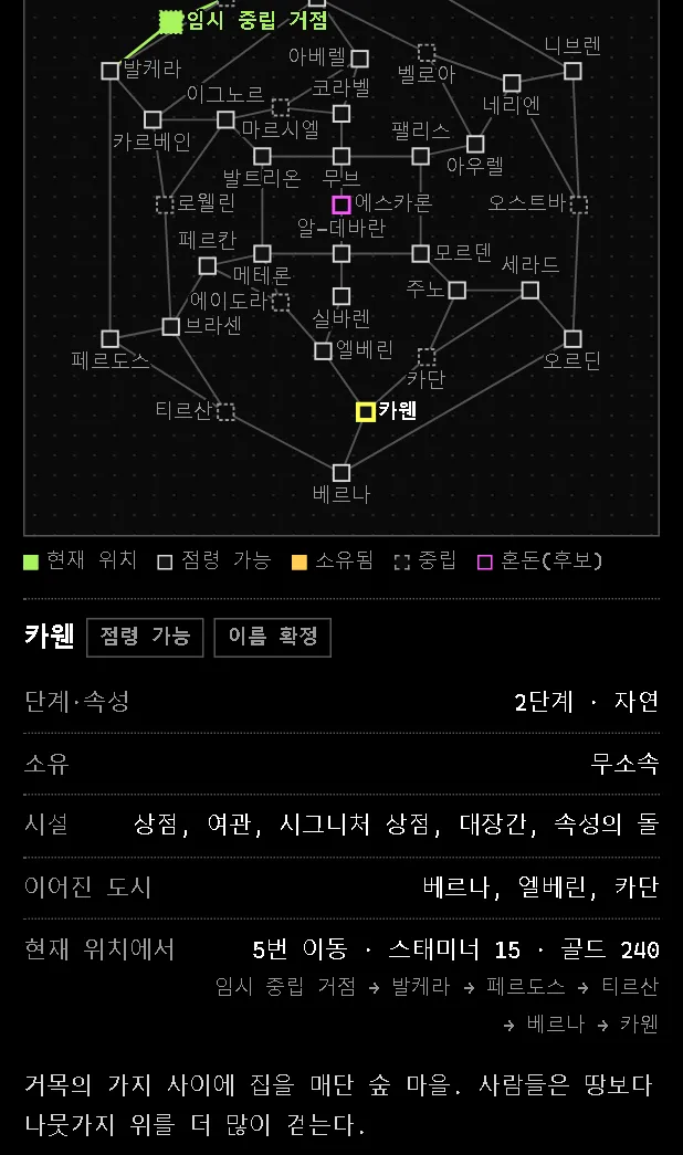 도시를 누르면 단계, 속성, 시설, 이어진 도시, 가는 길이 나온다.