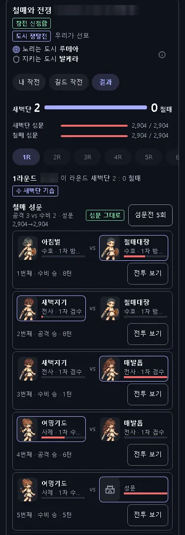 라운드 결과. 누가 누구와 붙었고, 성문이 어떻게 됐는지 한 판씩 볼 수 있다.