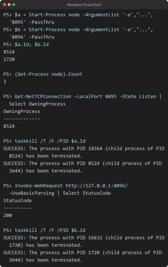node 서버 두 개를 띄우고 8095 쪽 PID 만 껐더니 8096 은 그대로 200 이었다